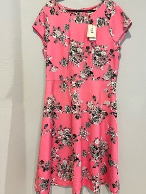 ECI Hot Pink & Black Rose Print Fit-and-Flare Dress